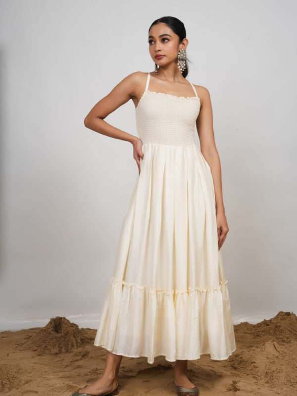 Buy Cream White Smocked Flared Maxi Dress from NUD