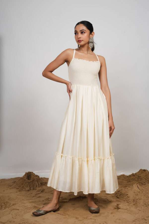 Buy Cream White Smocked Flared Maxi Dress from NUD