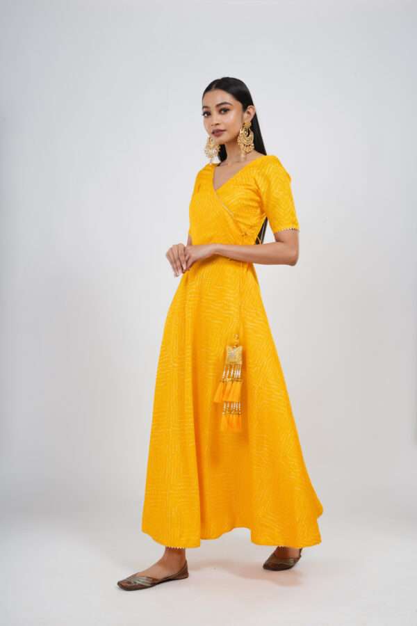 Yellow Bandhani Angrakha Long Kurta for Women