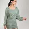 Buy Olive Green Drawstring Bodycon Full Sleeve Dress | NUD