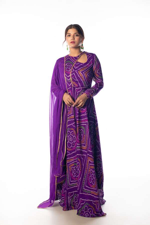 Model wearing Mulberry Purple Bandhej Anarkali with Dupatta by NUD
