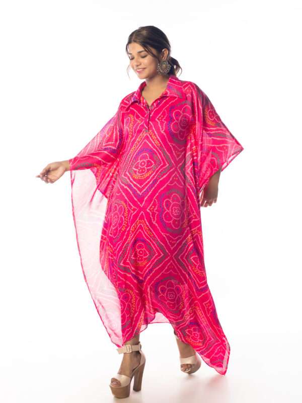 Model wearing Bubblegum Pink Bandhani Printed Kaftan