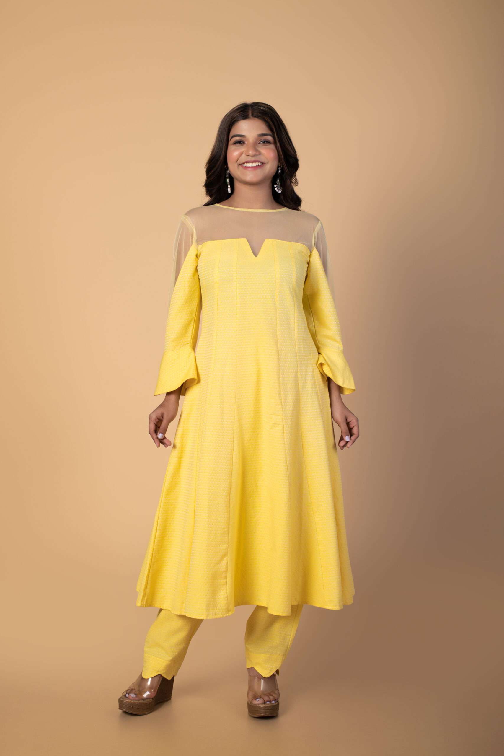 Yellow hand woven rayon party-wear-kurtis - HD Fashion - 2492560