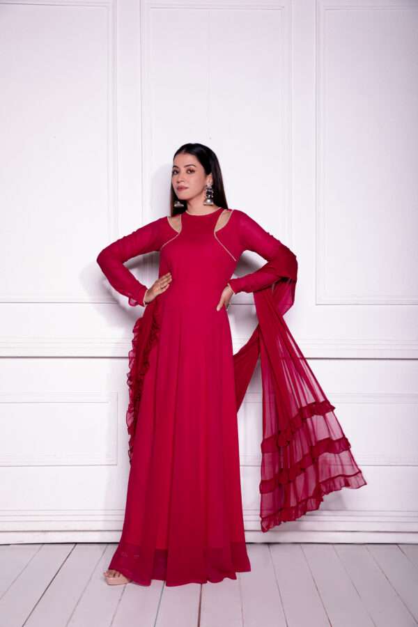 Shop Beautiful Cranberry Red Anarkali with Dupatta today!- NUD