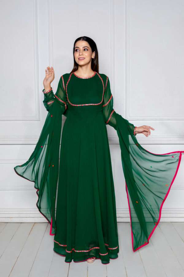 Shop Emerald Green Embroidered Anarkali with Dupatta!- NUD