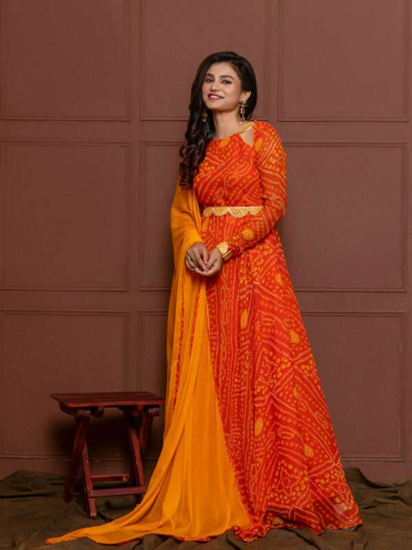 Shop Saffron Orange Bandhani Anarkali with Dupatta - NUD